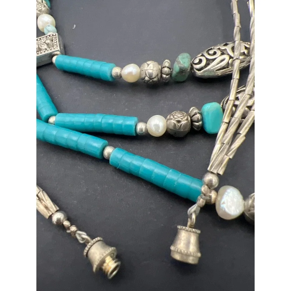 Vintage Southwestern Necklace Blue Beads Faux Pearls Silver‎ Tone Filigree Boho